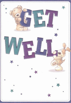 A comforting wave of cheer sweeps through this get well card, blending playful artistry with the honest warmth characteristic of Barnsbury's close-knit community. The illustrated scene features a huggable teddy bear perched atop the word 'GET', with a joyful puppy nestled lovingly against the bold 'WELL'. Their expressions-softly rounded, filled with kind eyes and heartening smiles-echo the affectionate spirit one might encounter at a trusted neighbourhood florist. Shaded in luminous purples and teals, the oversized text leaps forward on a background of purest white, much like how vibrant blooms from Barnsbury's flower stalls illuminate a cool morning along Liverpool Road. Sprinkled across the scene, twinkling stars rendered in glimmering shades of blue and lavender evoke feelings of hope and magical renewal. The tactile softness of the bear's fur and the silky flop of the dog's ears are painted with such care they nearly beg to be touched, carrying the same nurturing intent as a thoughtfully arranged posy from Florist Barnsbury. This card does more than wish recovery; it delivers an emotional embrace, much like a thoughtfully chosen bouquet hand-delivered to a neighbour's doorstep just beyond the gentle bustle of Caledonian Road. The illustration's clarity and purity reinforce its healing message, providing comfort and encouragement at a time it is needed most.