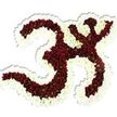 A serene, sculptural floral tribute shaped precisely into the sacred Om (Aum) symbol rests against a pure white background, each curve and counterstroke lovingly articulated with thousands of tiny, pompon-like chrysanthemums. The central forms - the familiar '3'-like curve, the flowing downward stroke and the crescent-and-dot above - are densely packed with deep maroon to burgundy blooms whose velvety petals create a tactile, plush surface. Up close you can imagine the subtle coolness of each petal; many of the small red heads reveal tiny lime-green centres that catch the light and add delicate visual punctuation amid the dark, resonant tones. Encircling and defining the negative spaces is a thick, undulating outline of snow-white spray chrysanthemums, their crisp petals forming a luminous contrast that makes the sacred glyph read clearly from a distance. A faint drop shadow beneath the composition hints at its three-dimensional presence, as if it were gently lifted from the white plane and held for reverent viewing. The overall effect is quiet and meditative: rich colour grounded by bright white framing, texture that invites touch in imagination, and a geometry that speaks of breath and mantra. This arrangement reads as a respectful piece for spiritual gatherings, yoga or meditation spaces, and commemorative services, offering both floral craftsmanship and devotional symbolism. Locally, such a carefully made emblem would feel at home in Barnsbury community halls or quiet corners near Thornhill Square, carrying a mood of calm and heartfelt reverence for anyone seeking a floral expression of inner peace.